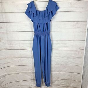 Love Zoe Blue Jumpsuit Jumper Large L 8 10 Jogger  Pants Pockets Ruffle Overall